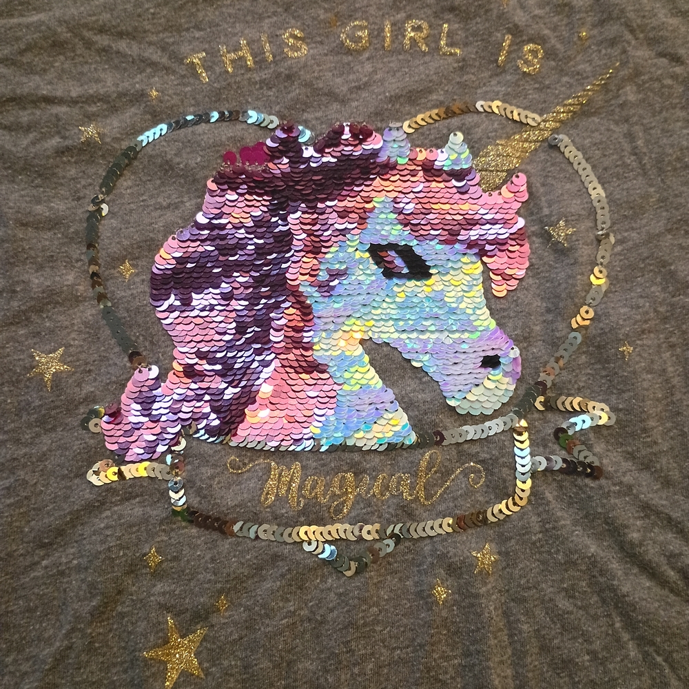 Place Gray Graphic Long Sleeve Tee With Sequin Unicorn Girls Size Large 10/12